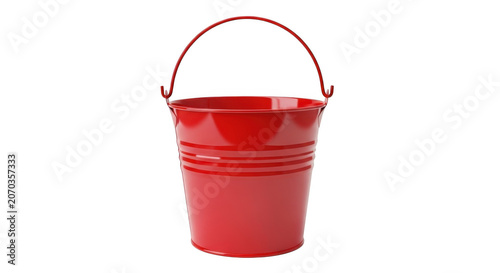 Shiny red metal pail with handle isolated for decorative and practical use transparent background black background