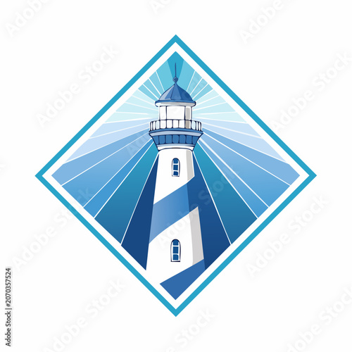 Nautical Lighthouse Emblem with Radiant Blue Light Rays Geometric Design