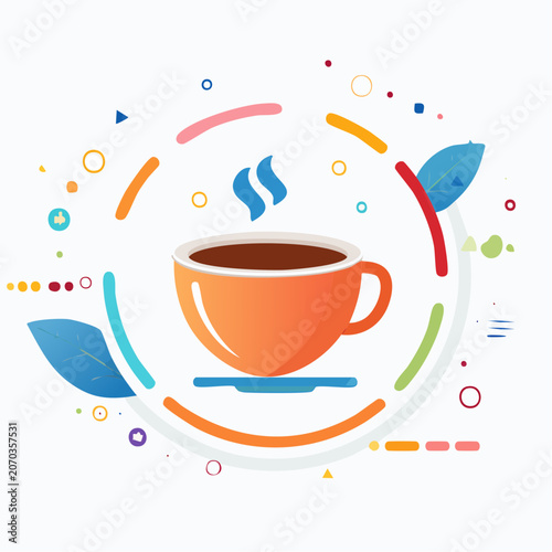Steaming Orange Coffee Cup with Abstract Colorful Background and Leaves