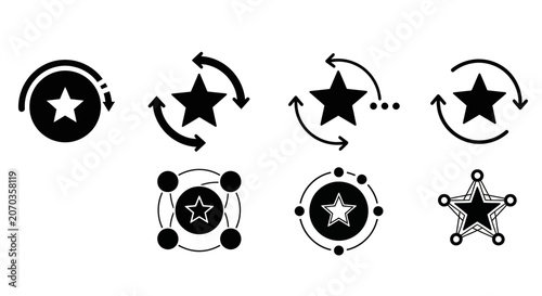 Obraz na płótnie Star icons, rotating symbols, circular arrows, black vector graphics, 6 emblems