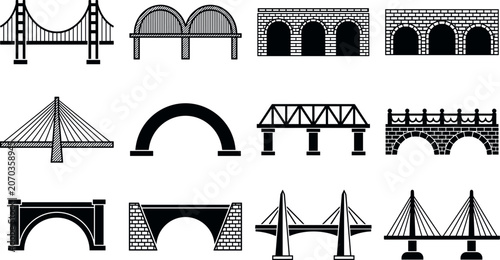 Foto Black bridge silhouettes collection with diverse architectural designs including suspension overpasses, viaducts, and aqueduct elements for graphic design