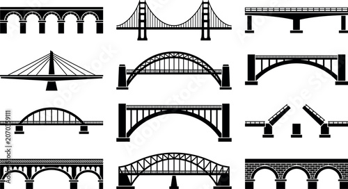 Foto Bridge vector silhouette icon set featuring various architectural styles including suspension, arch, cable stayed, drawbridge, and aqueduct structures
