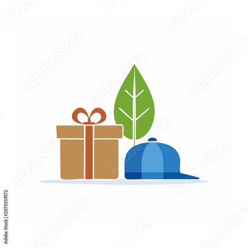 Flat design illustration of gift box, leaf, and cap