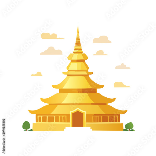 Golden Pagoda Temple Flat Vector Illustration