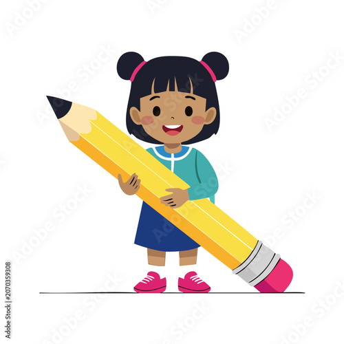Happy girl holding giant pencil illustration