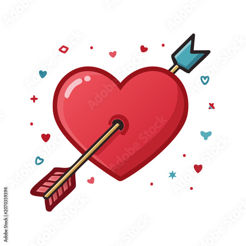 Red heart pierced by arrow with scattered love symbols
