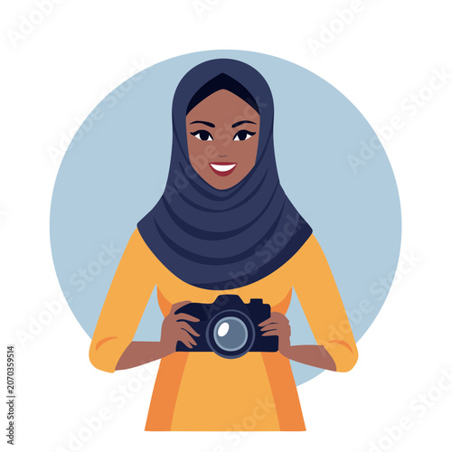Woman in hijab holding camera, flat vector illustration