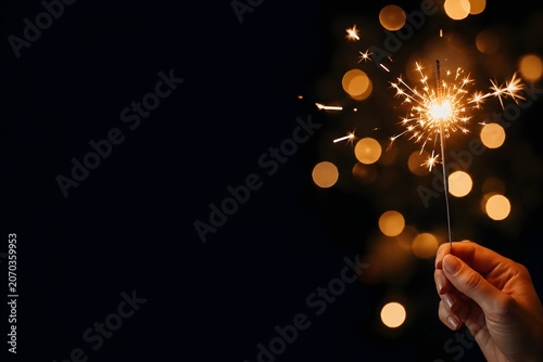 Fourth of July Sparkler Bokeh Dark Background Copy Space Left Side Banner