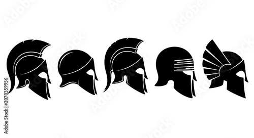 Fotografie Gladiator, Spartan, Roman Helmet Icons, Black Silhouettes, Vector Graphics