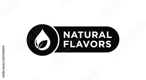 Foto Black silhouette emblem featuring a droplet with a leaf natural flavors text