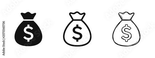 Money bag with dollar sign icons, simple solid, outline and hand drawn sketch styles