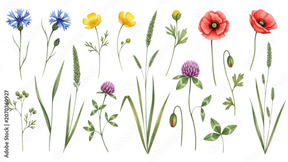 Fototapeta premium Hand Drawn Watercolor Wild Meadow Flowers and Grasses Botanical Vector Collection