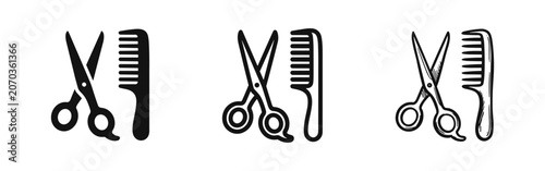 Bild auf Leinwand Scissors and Comb Hairdressing Icons in Solid, Outline, and Sketch Styles