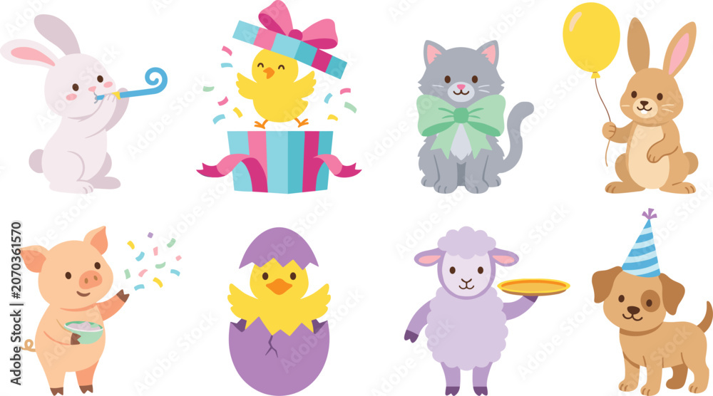 Fototapeta premium Cute Party Animal Character Set with Bunny Chick Kitten Lamb Puppy and Pig Illustrations for Birthday Celebration and Kids Designs