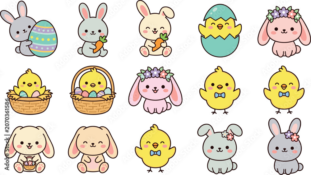 Fototapeta premium Cute Easter Bunny and Chick Character Collection with Floral Rabbits Decorative Eggs and Baby Animals for Nursery and Spring Designs