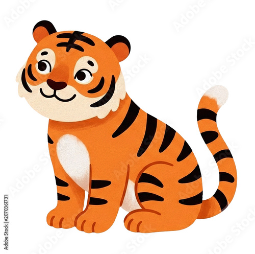 Cute baby tiger sitting, traditional Korean style cartoon illustration, isolated on transparent background