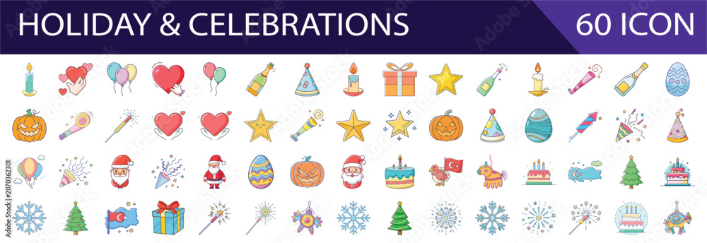 Fototapeta premium Collection of Colorful Holiday and Celebration Icons on Transparent Background