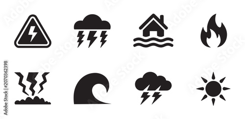 Weather and Natural Hazard Icons Set with Lightning, Storm, Flood, Fire, Heat, Wave, Rain and Sun