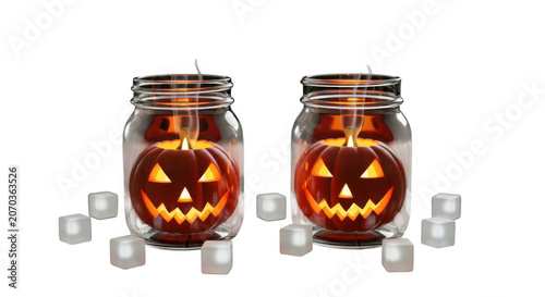 Two spooky halloween jack o lanterns glowing inside glass jars surrounded by ice cubes transparent background black background