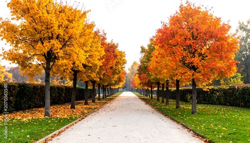 A stone path stretches between vibrant trees displaying autumn foliage. Green hedges line the path's edge, creating a symmetrical park scene