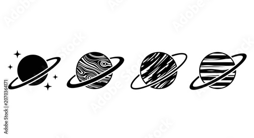 Planets, astronomy icons, black and white vector set, space symbols