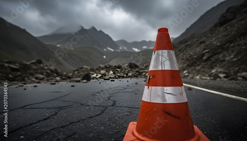Roadside orange traffic cone on a damaged mountain road with rockslide debris