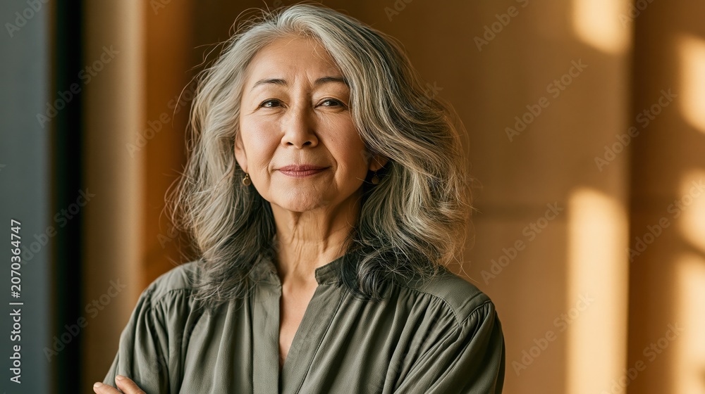 Fototapeta premium Workplace impostor syndrome older Hispanic slim woman calm