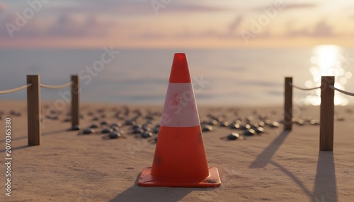 Orange traffic cone on a beach with turtle hatchlings and ocean sunset
