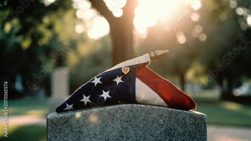 Folded American Flag With Heart On Stone Memorial Symbolizing Remembrance, Veteran Honor And Patriotism