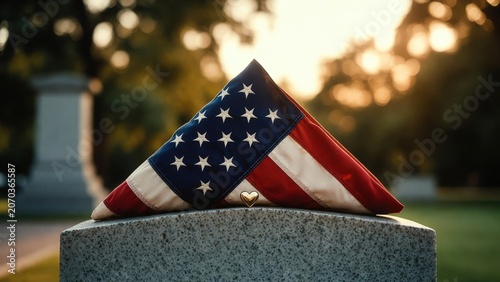 Folded American Flag With Heart On Stone Memorial Symbolizing Remembrance, Veteran Honor And Patriotism