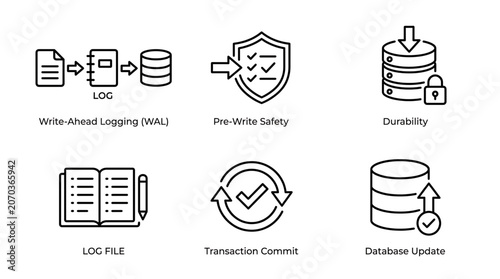 Database icons illustrate logging, safety, durability, and transaction concepts.