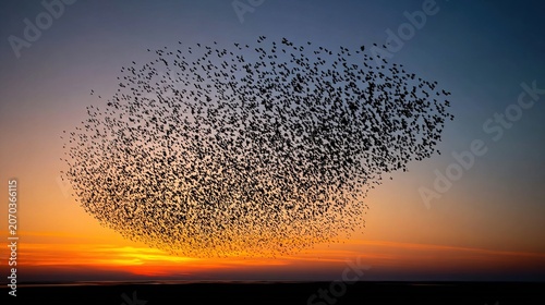 cohesive. A murmuration of starlings forming a cohesive shape against a twilight sky. wildlife magazines, conservation campaigns, designed for eco-tourism storytelling, supports conservation.