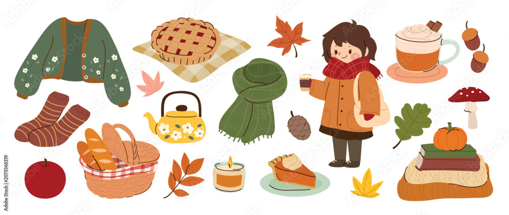 Fototapeta premium Autumn clipart vector set. Cozy fall season elements with cute girl, pumpkin, leaves, sweater, books, mug and warm harvest illustrations
