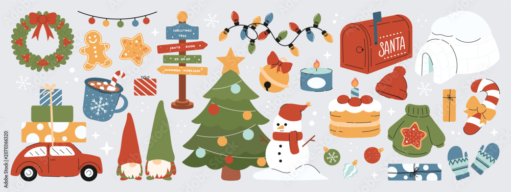 Fototapeta premium Christmas clipart vector set. Cute festive holiday elements with tree, gifts, stockings, candles, gingerbread, candy cane, snowman, letter to Santa mailbox and Santa sack