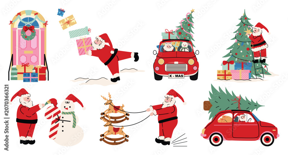 Fototapeta premium Santa Claus clipart vector set. Cute Christmas holiday scenes with red car, tree delivery, snowman, candy cane, gifts and Santa mailbox