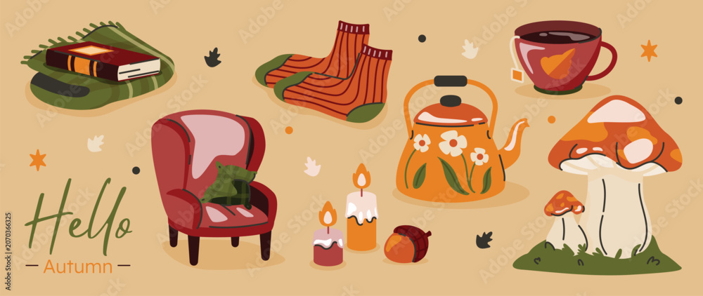 Fototapeta premium Cozy autumn banner vector set with Hello Autumn lettering, armchair, teapot, mushrooms, books, candles and fall elements