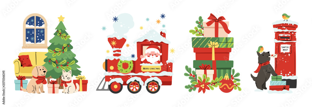 Fototapeta premium Christmas clipart vector set with Santa on train, festive dog characters, gifts, tree and cute winter holiday elements