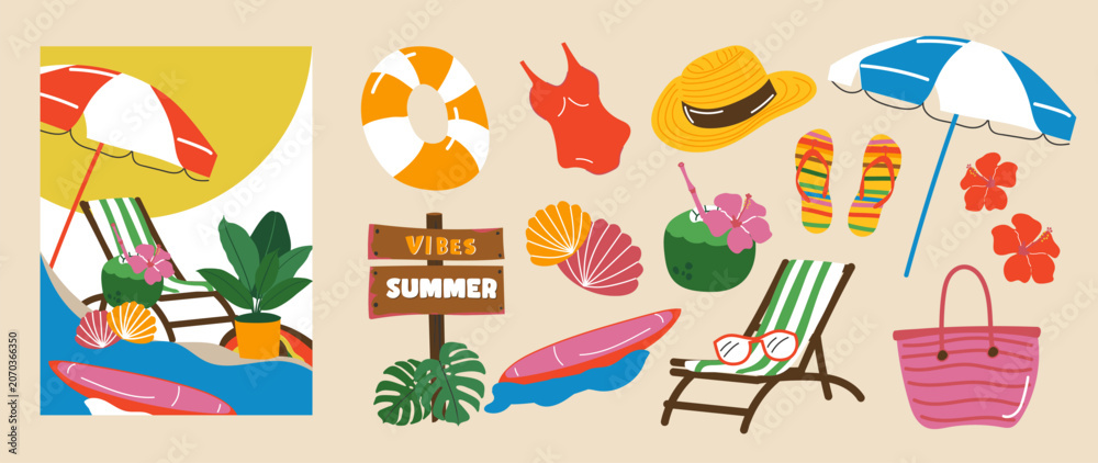 Obraz premium Summer vacation vector set with beach poster template and cute tropical elements for flyer, invitation and seasonal design