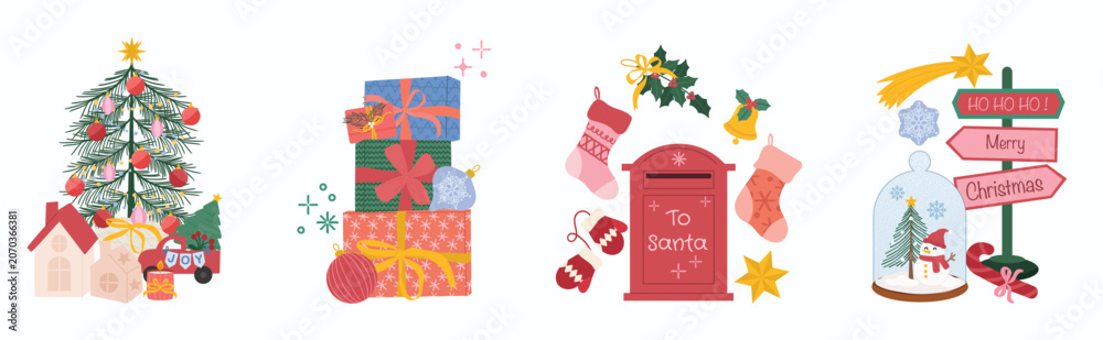 Fototapeta premium Christmas holiday element vector set. Cute festive clipart with decorated tree, gift boxes, Santa mailbox, signpost, snow globe and winter ornaments.