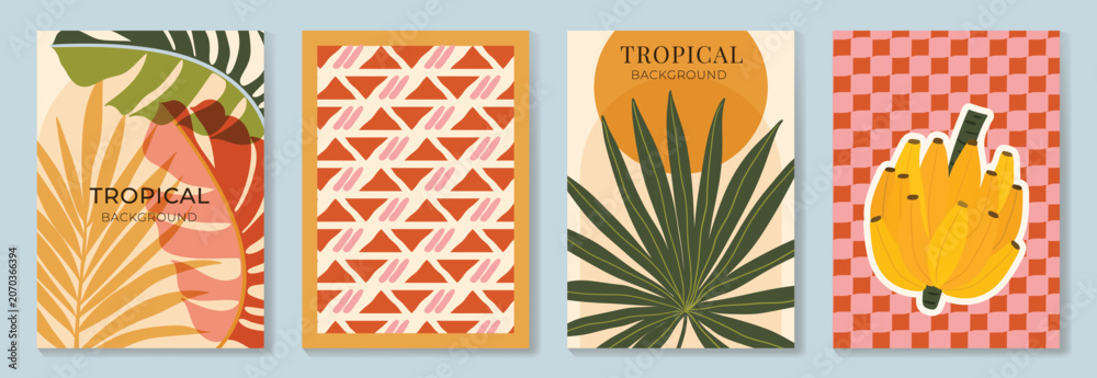 Obraz premium Tropical poster background vector set. Summer wall art templates with palm leaves, banana fruit, geometric patterns and retro tropical shapes.
