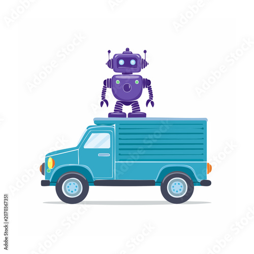 Cartoon Robot Standing on Blue Delivery Truck