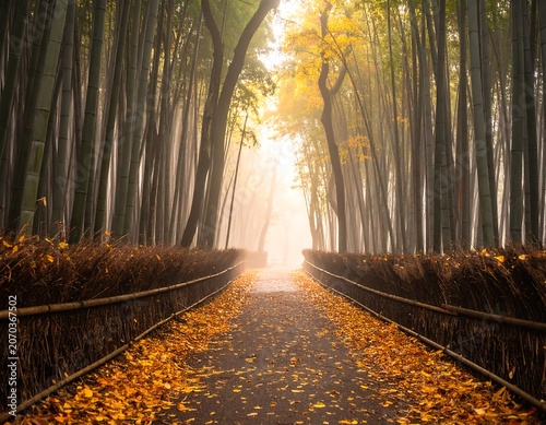 A stone path winds through a towering bamboo forest on a foggy autumn morning. Sunlight filters through the canopy, illuminating fallen leaves