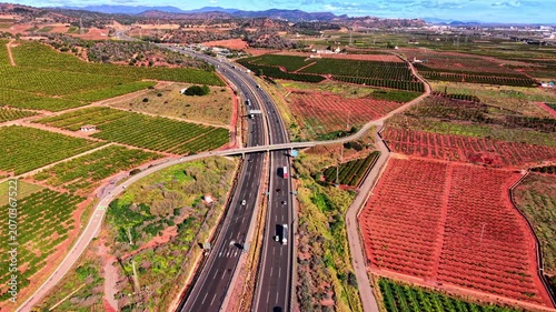 Elevated view of highway crossing agricultural landscape toward mountain range, Spain. Dual carriageway overpass, red soil orchard, green crop and distant rocky ridge under blue sky.