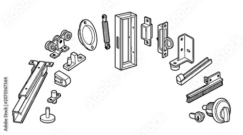 Technical line drawing of sliding door hardware components and mechanical assembly parts.