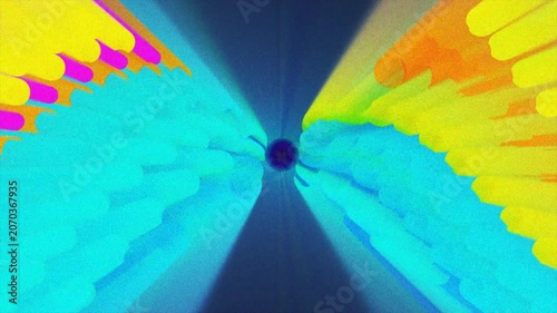 Energetic 3D cylinder waves in vibrant cyan and yellow with a retro grain texture. Ideal for creative music visuals.