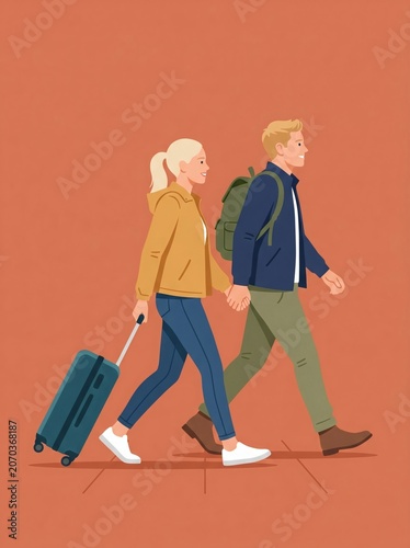 Young couple walking with luggage traveling.