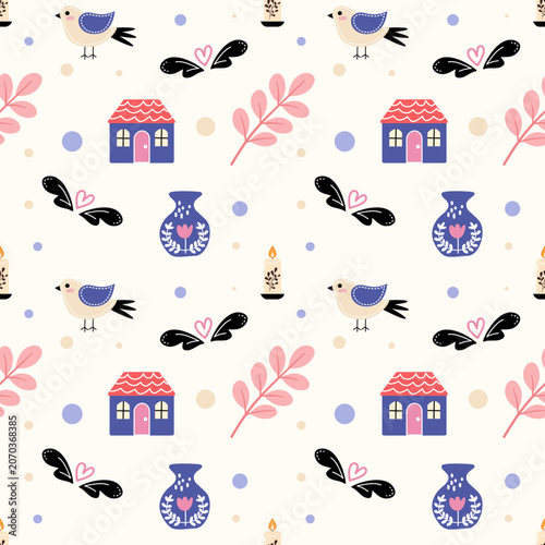 Scandinavian Folk Art Seamless Pattern with Birds, Houses, Flowers and Decorative Elements