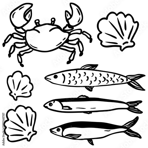 Sea Life Line Art Clipart Set, Fish Crab Shell Outline Collection, Hand Draw Marine Coastal Illustrations
