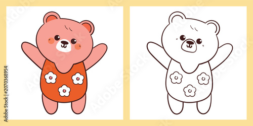 coloring page of cute hand drawn cartoon bear wearing swimsuit with flower pattern for summer drawing