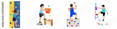 Foto Vector illustration set of young boys practicing indoor rock climbing and bouldering on colorful artificial walls with various grips and holds